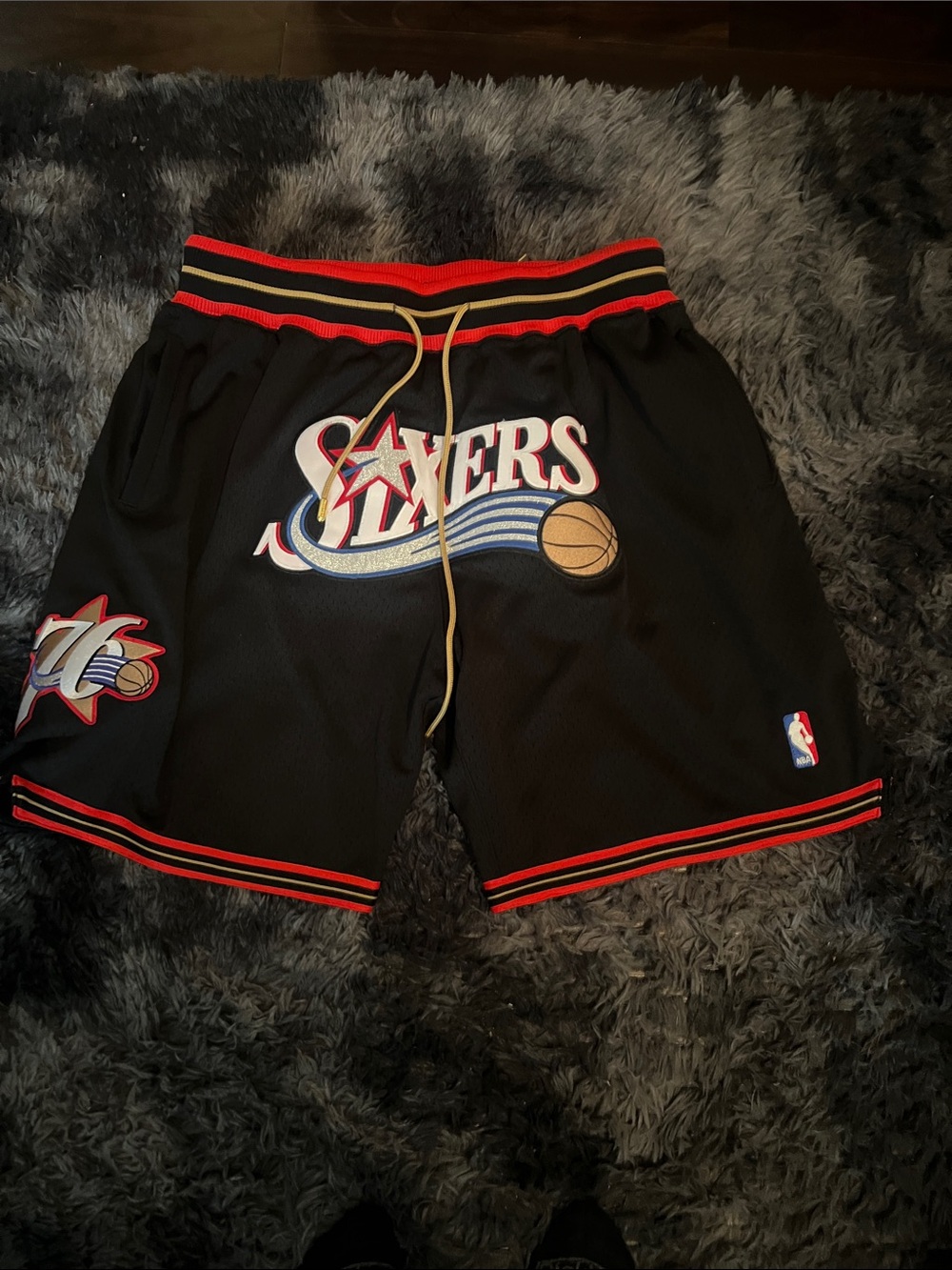 Just Don 100 percent authentClassic Black Sixers Basketball Shorts with Red Trim